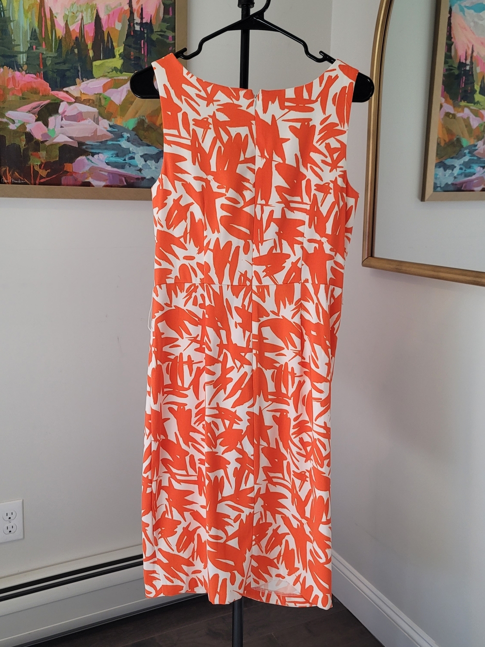 LONDON TIMES Orange and White Abstract Leaf Print Sleeveless Dress Size 10 - Picture 4 of 9